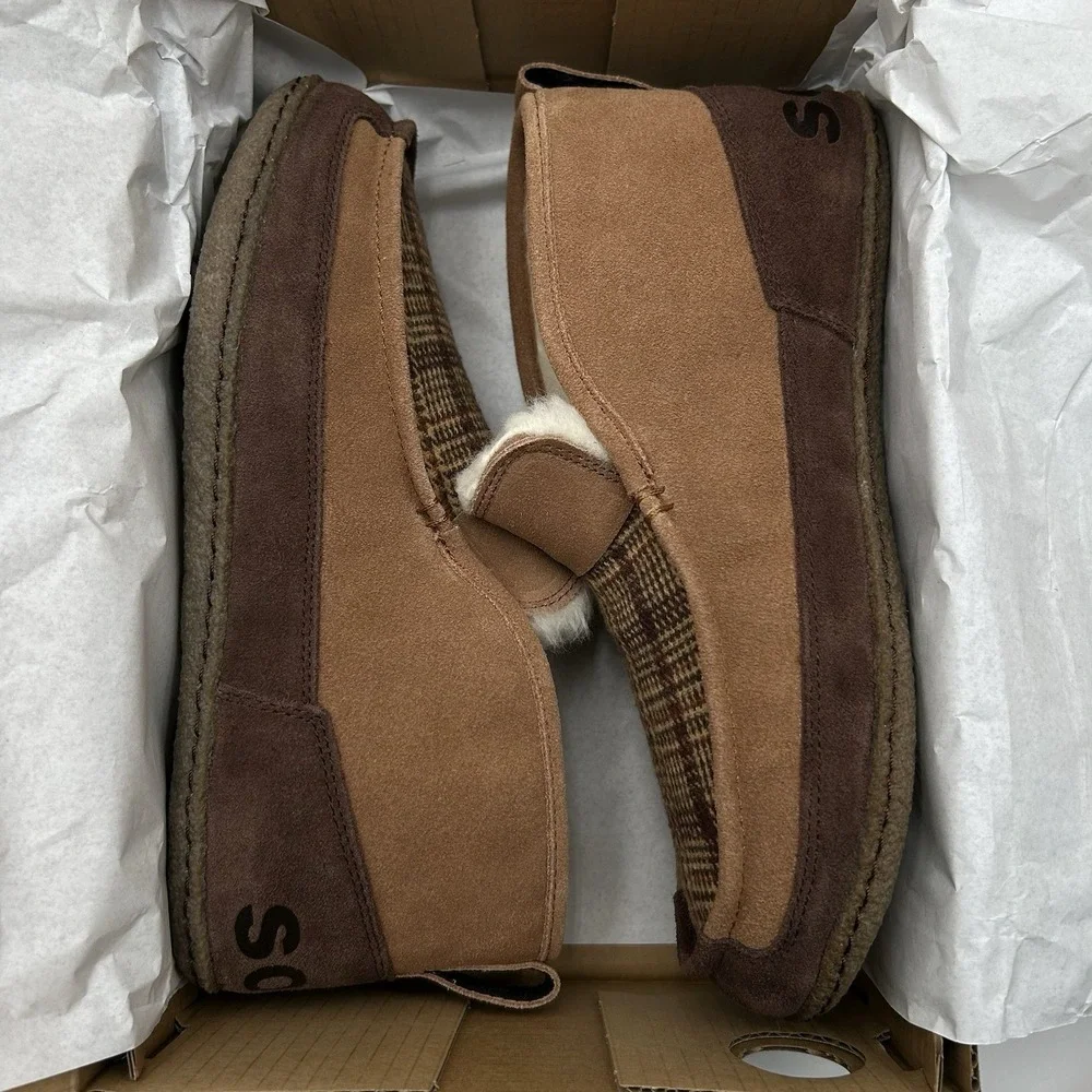 SOREL Mens Manawan Suede Slippers Size 8 Brown Plaid Faux Fur Indoors & Outdoors